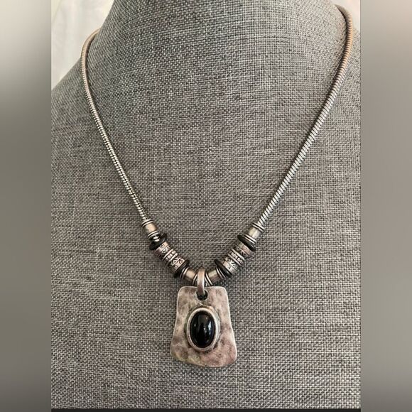 Chico's Black Stone Square Silvertone Pendant - Picture 2 of 5
